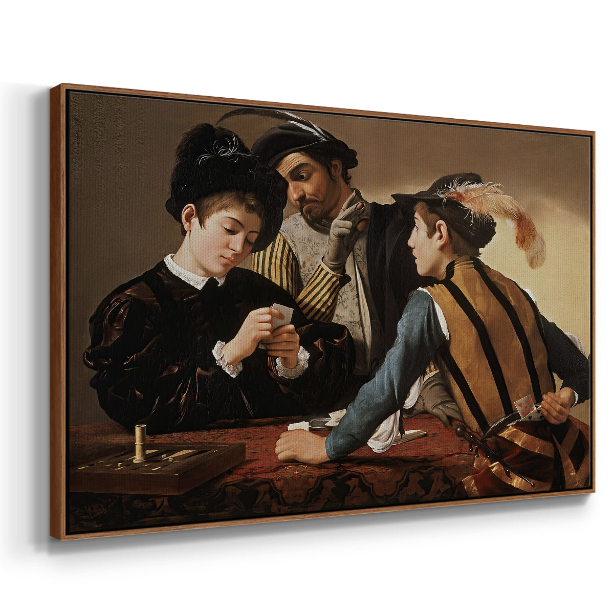 Angled view of The Cardsharps, c. 1594 by Caravaggio in a walnut floater framed canvas.