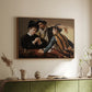 Walnut floater framed canvas of The Cardsharps, c. 1594 by Caravaggio, featuring a genre scene of card game with deception and hidden accomplice above a sideboard in a softly lit hallway.