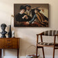 The Cardsharps, c. 1594 by Caravaggio as a walnut floater framed canvas featuring a young men playing cards with one cheating and another watching closely, styled above a mid-century console in a contemporary living area.