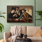 Walnut floater framed canvas featuring a dramatic interior scene of gambling and trickery among figures, displayed above a sofa in a modern living room.