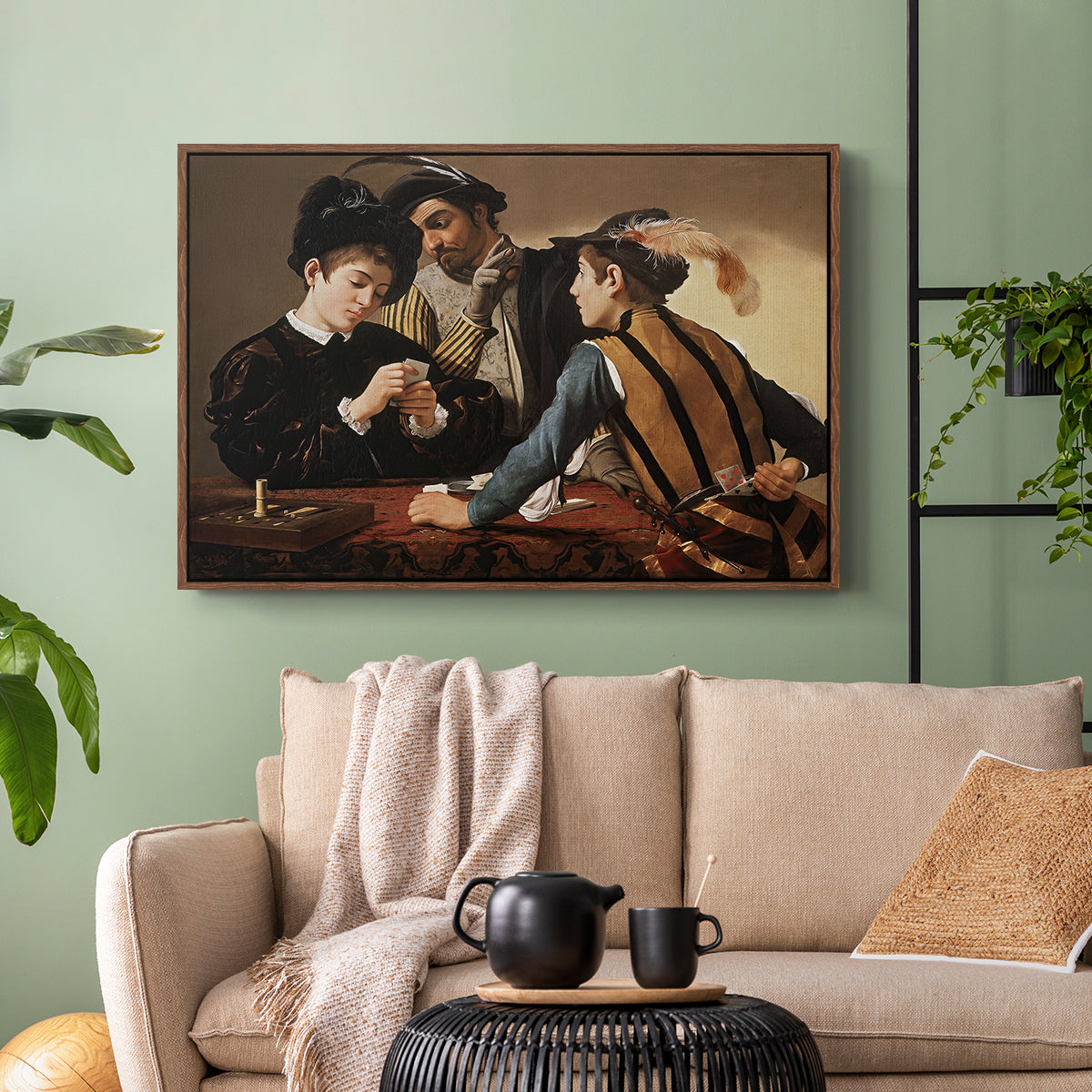 Walnut floater framed canvas featuring a dramatic interior scene of gambling and trickery among figures, displayed above a sofa in a modern living room.