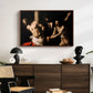 The Flagellation of Christ at the Column (Rouen Version), 1606 by Caravaggio displayed in a walnut floater framed canvas above a dark wood credenza in an entryway.