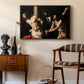 The Flagellation of Christ at the Column (Rouen Version), 1606 by Caravaggio as a walnut floater framed canvas featuring a biblical depiction of men whipping Christ tied to pillar, styled above a mid-century console in a contemporary living area.