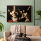 Walnut floater framed canvas featuring an intense Baroque scene of suffering with strong light and shadow, displayed above a sofa in a modern living room.