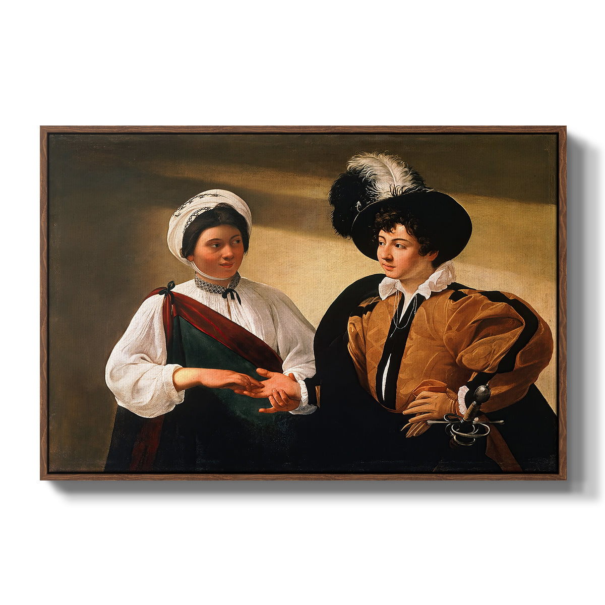 The Fortune Teller (Louvre Version), c. 1595 by Caravaggio in a walnut floater framed canvas wall art display.