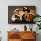 The Fortune Teller (Louvre Version), c. 1595 by Caravaggio in a walnut floater framed canvas featuring a woman reading a young man's palm while secretly stealing his ring, displayed above a wood console cabinet.