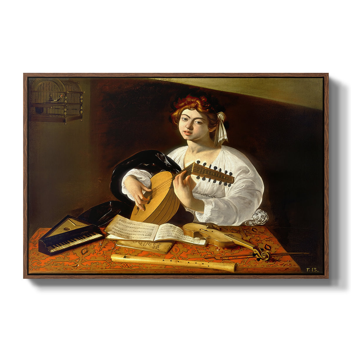The Lute Player (Wildenstein Version), c. 1596 by Caravaggio in a walnut floater framed canvas wall art display.
