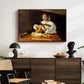 The Lute Player (Wildenstein Version), c. 1596 by Caravaggio displayed in a walnut floater framed canvas above a dark wood credenza in an entryway.