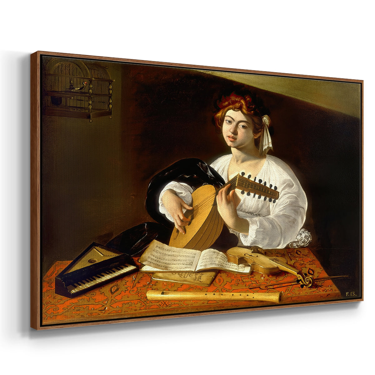 Angled view of The Lute Player (Wildenstein Version), c. 1596 by Caravaggio in a walnut floater framed canvas.