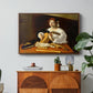 The Lute Player (Wildenstein Version), c. 1596 by Caravaggio in a walnut floater framed canvas featuring a young man playing lute surrounded by sheet music and still life objects, displayed above a wood console cabinet.