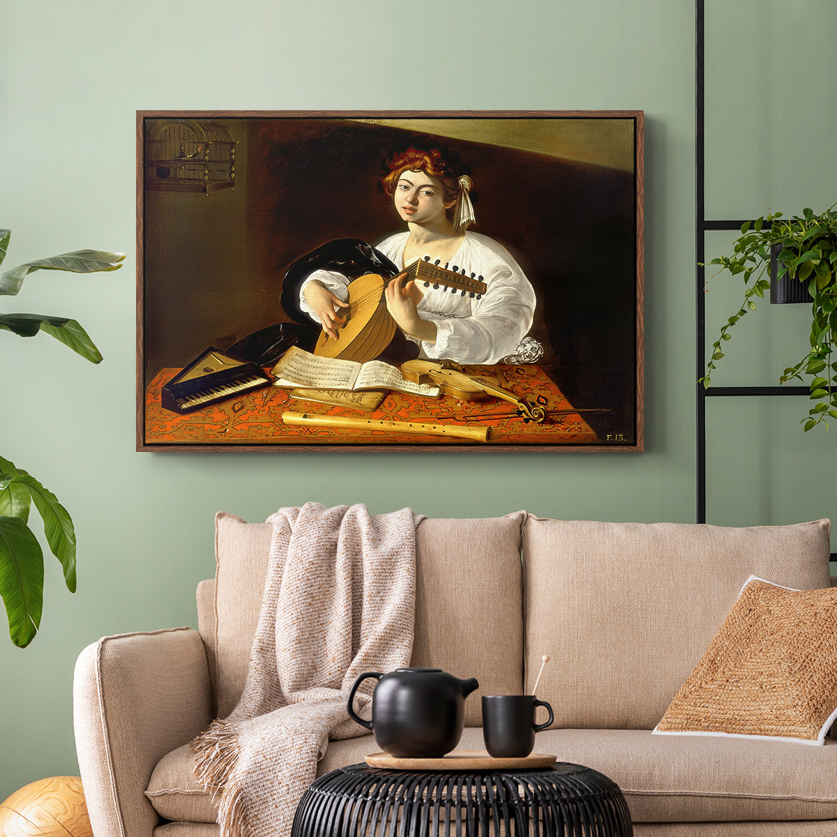 Walnut floater framed canvas featuring an intimate portrait of musician with still life elements, displayed above a sofa in a modern living room.