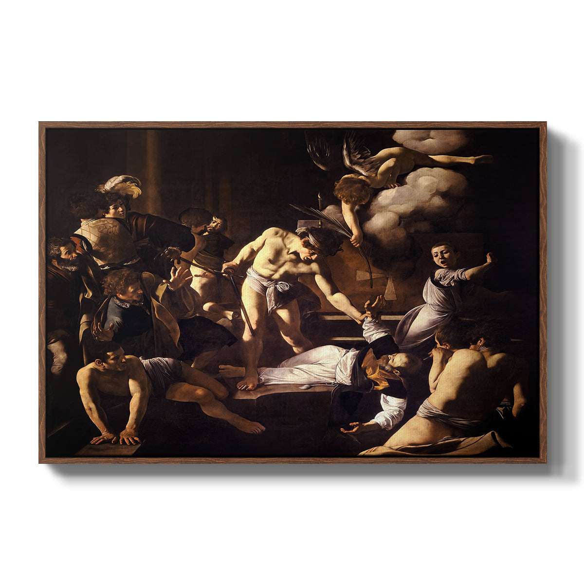 The Martyrdom of Saint Matthew, 1599-1600 by Caravaggio in a walnut floater framed canvas wall art display.