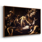 Angled view of The Martyrdom of Saint Matthew, 1599-1600 by Caravaggio in a walnut floater framed canvas.