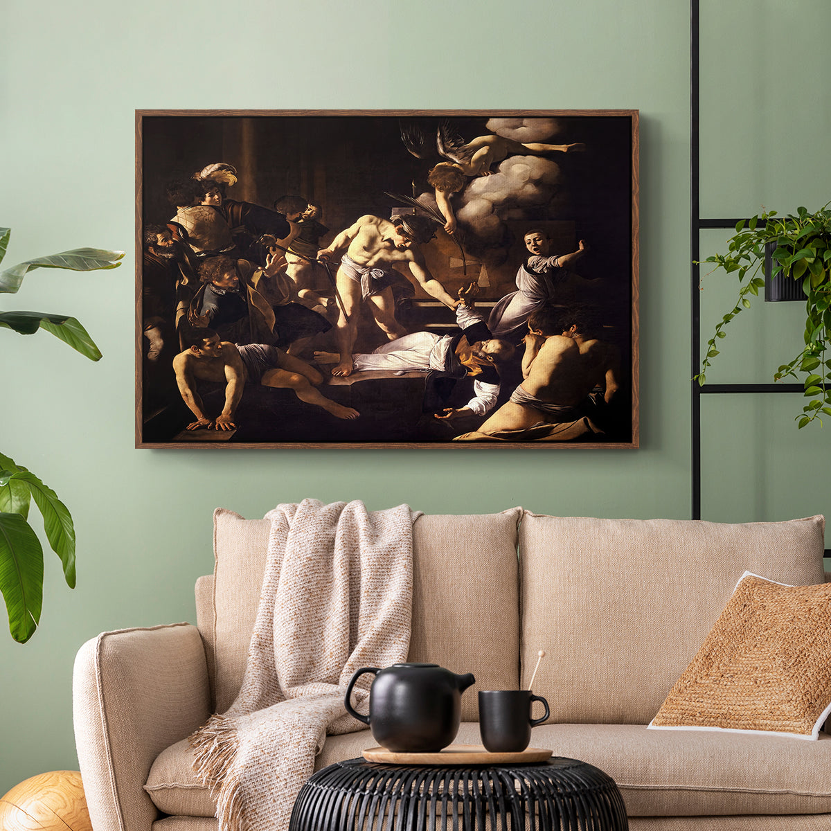 Walnut floater framed canvas featuring a Baroque composition of movement and emotion during martyrdom, displayed above a sofa in a modern living room.