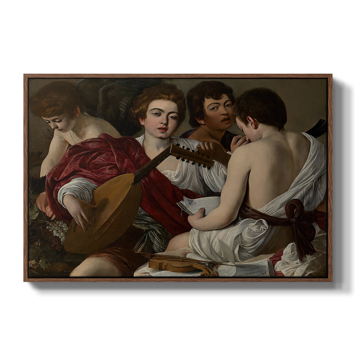 The Musicians, c. 1595 by Caravaggio in a walnut floater framed canvas wall art display.