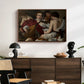 The Musicians, c. 1595 by Caravaggio displayed in a walnut floater framed canvas above a dark wood credenza in an entryway.