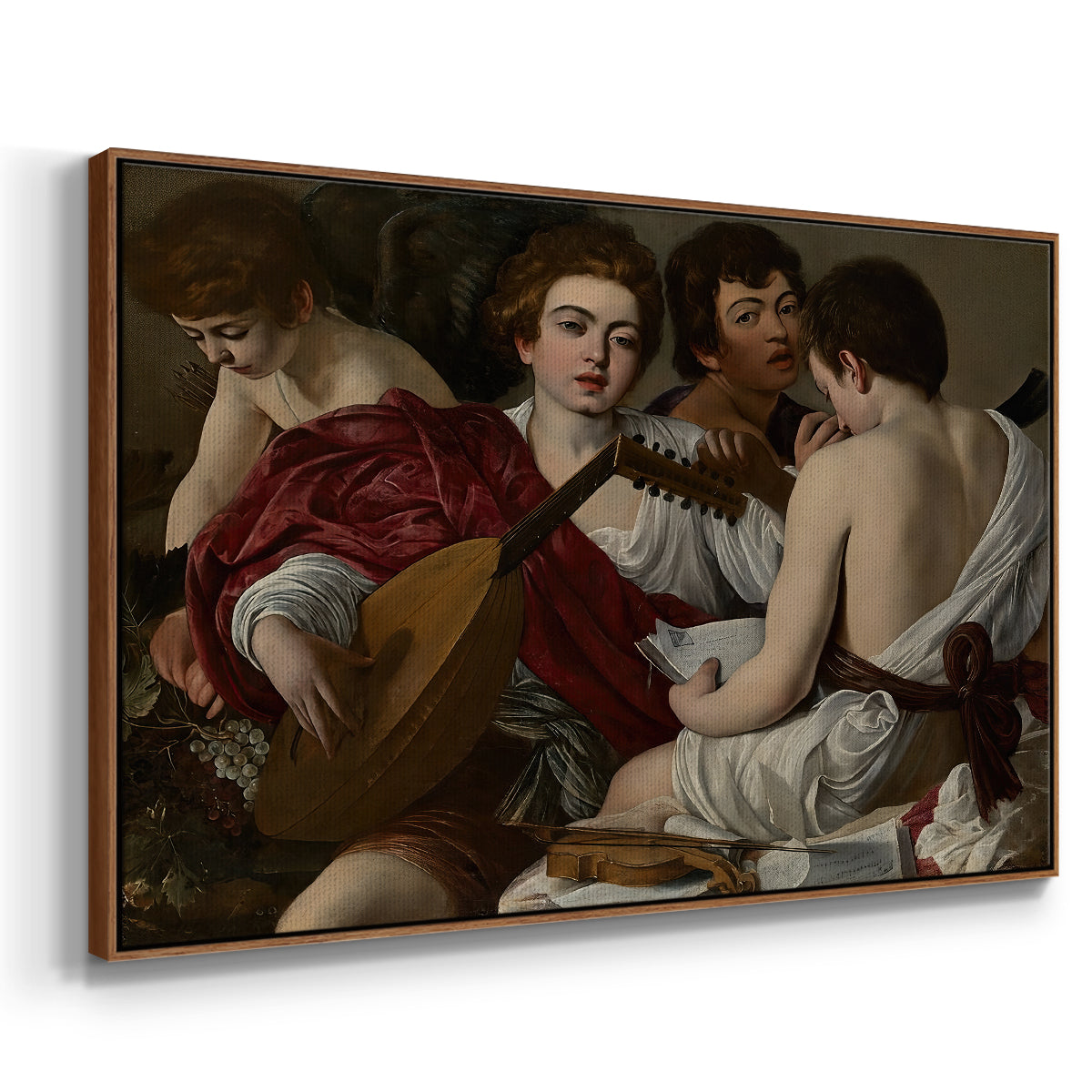 Angled view of The Musicians, c. 1595 by Caravaggio in a walnut floater framed canvas.