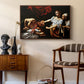 Judith Beheading Holofernes, c. 1599 by Caravaggio as a walnut floater framed canvas featuring an intense moment of Judith slaying Holofernes with sword, styled above a mid-century console in a contemporary living area.