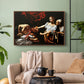 Walnut floater framed canvas featuring a violent religious narrative with strong contrast of light and shadow, displayed above a sofa in a modern living room.