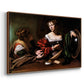 Angled view of Martha and Mary Magdalene, c. 1598 by Caravaggio in a walnut floater framed canvas.