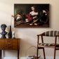 Martha and Mary Magdalene, c. 1598 by Caravaggio as a walnut floater framed canvas featuring an intimate interaction between two women with mirror and objects, styled above a mid-century console in a contemporary living area.