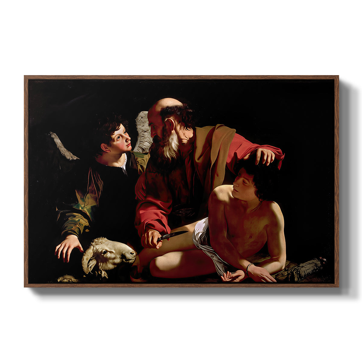 The Sacrifice of Isaac (Uffizi Version), c. 1603 by Caravaggio in a walnut floater framed canvas wall art display.