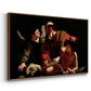 Angled view of The Sacrifice of Isaac (Uffizi Version), c. 1603 by Caravaggio in a walnut floater framed canvas.
