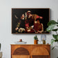 The Sacrifice of Isaac (Uffizi Version), c. 1603 by Caravaggio in a walnut floater framed canvas featuring Abraham holding Isaac while angel intervenes to stop the sacrifice, displayed above a wood console cabinet.