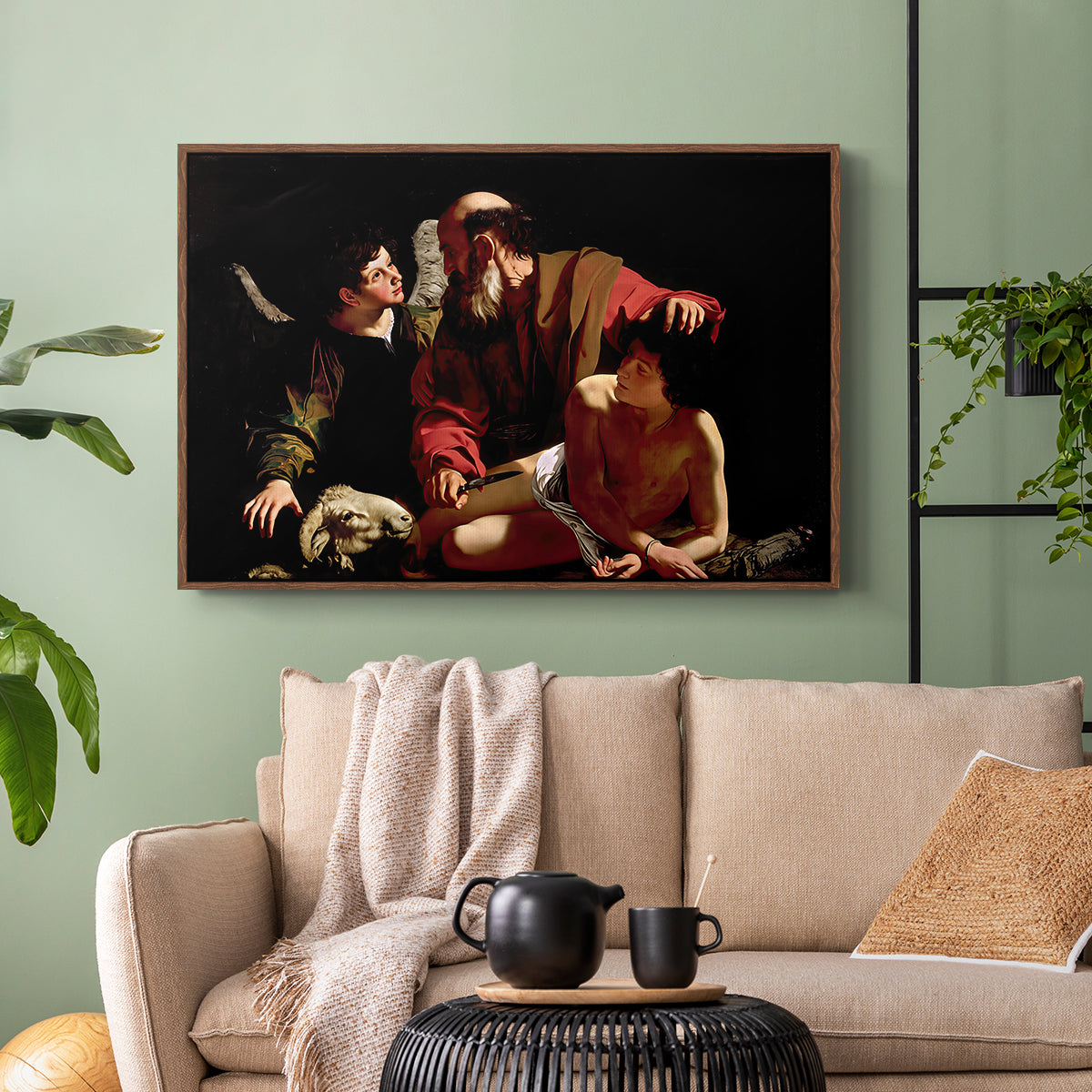 Walnut floater framed canvas featuring an intense religious narrative with figures in close physical struggle, displayed above a sofa in a modern living room.