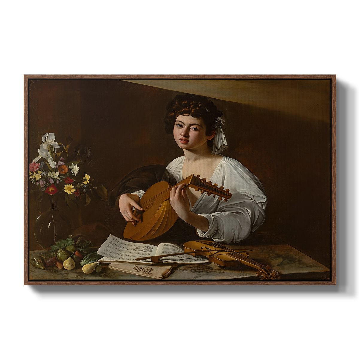 The Lute Player (Hermitage Version), c. 1596 by Caravaggio in a walnut floater framed canvas wall art display.