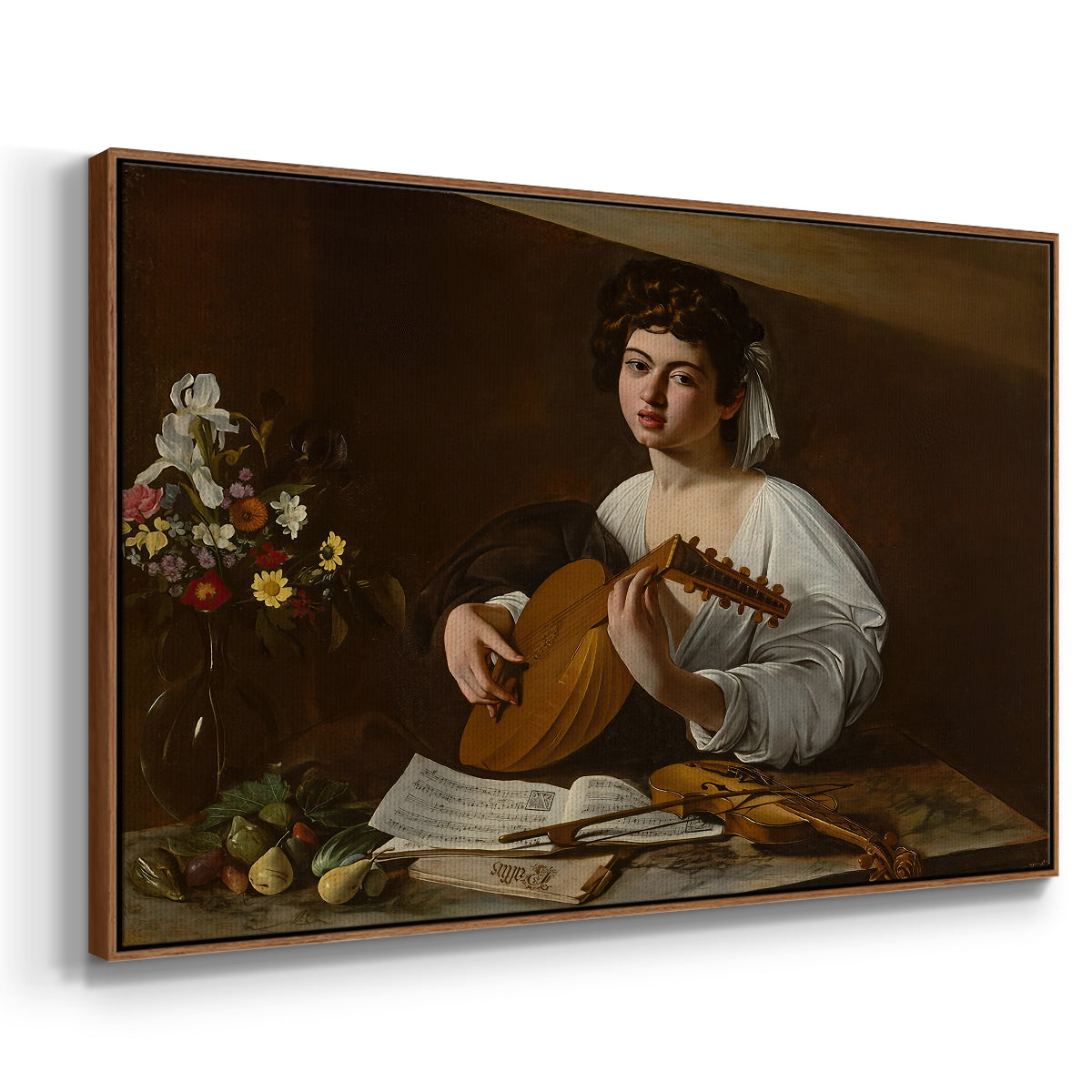 Angled view of The Lute Player (Hermitage Version), c. 1596 by Caravaggio in a walnut floater framed canvas.