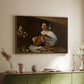 Walnut floater framed canvas of The Lute Player (Hermitage Version), c. 1596 by Caravaggio, featuring a portrait of lute player surrounded by still life arrangement above a sideboard in a softly lit hallway.