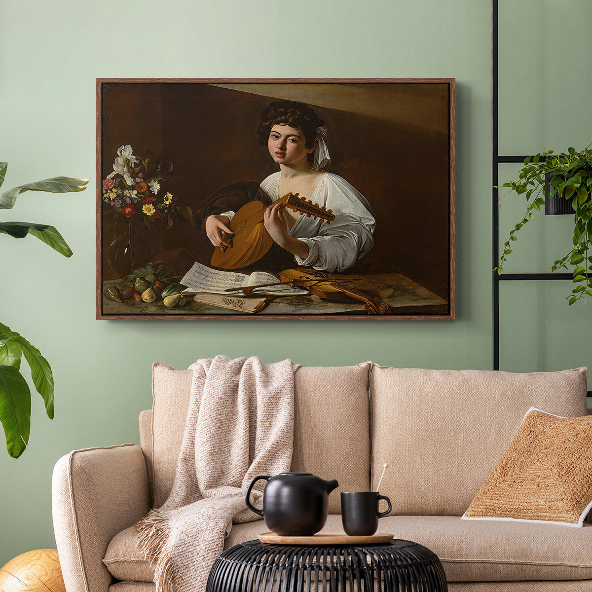 Walnut floater framed canvas featuring a Baroque depiction of musician with detailed textures and lighting, displayed above a sofa in a modern living room.