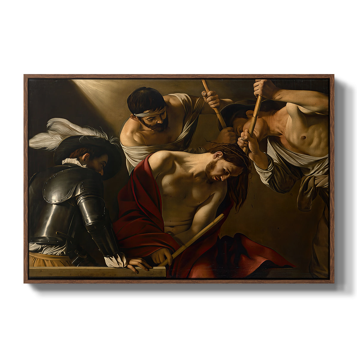The Crowning with Thorns (Vienna Version), c. 1602-1604 by Caravaggio in a walnut floater framed canvas wall art display.
