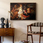 Rest on the Flight into Egypt, c. 1597 by Caravaggio as a walnut floater framed canvas featuring a peaceful religious moment with figures reclining in natural setting, styled above a mid-century console in a contemporary living area.