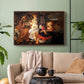 Walnut floater framed canvas featuring a Baroque landscape with angel playing music for resting travelers, displayed above a sofa in a modern living room.