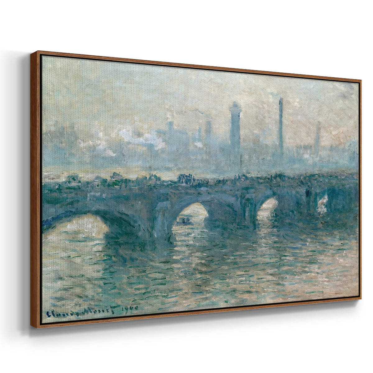 Angled view of Waterloo Bridge, Gray Weather, 1900 by Claude Monet in a walnut floater framed canvas.