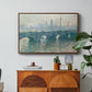 Waterloo Bridge, Gray Weather, 1900 by Claude Monet in a walnut floater framed canvas featuring a hazy view of Waterloo Bridge over river in gray atmospheric light, displayed above a wood console cabinet.