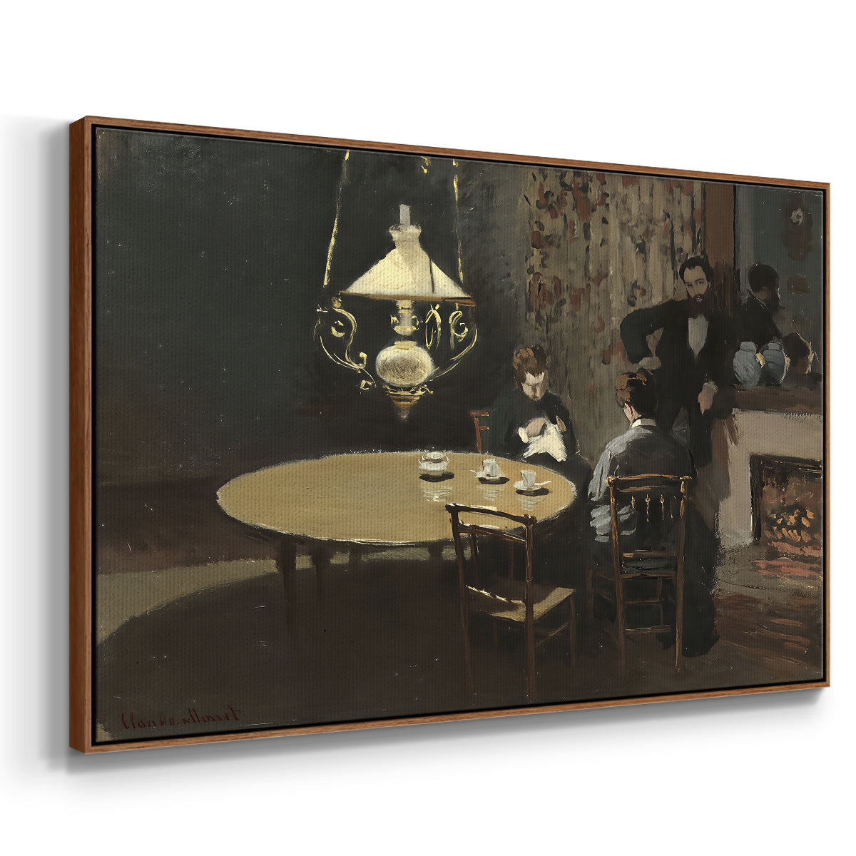 Angled view of Interior, after Dinner, 1868-1869 by Claude Monet in a walnut floater framed canvas.