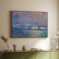 Walnut floater framed canvas of Charing Cross Bridge, 1903 by Claude Monet, featuring an urban landscape with bridge and water rendered in blurred tones above a sideboard in a softly lit hallway.