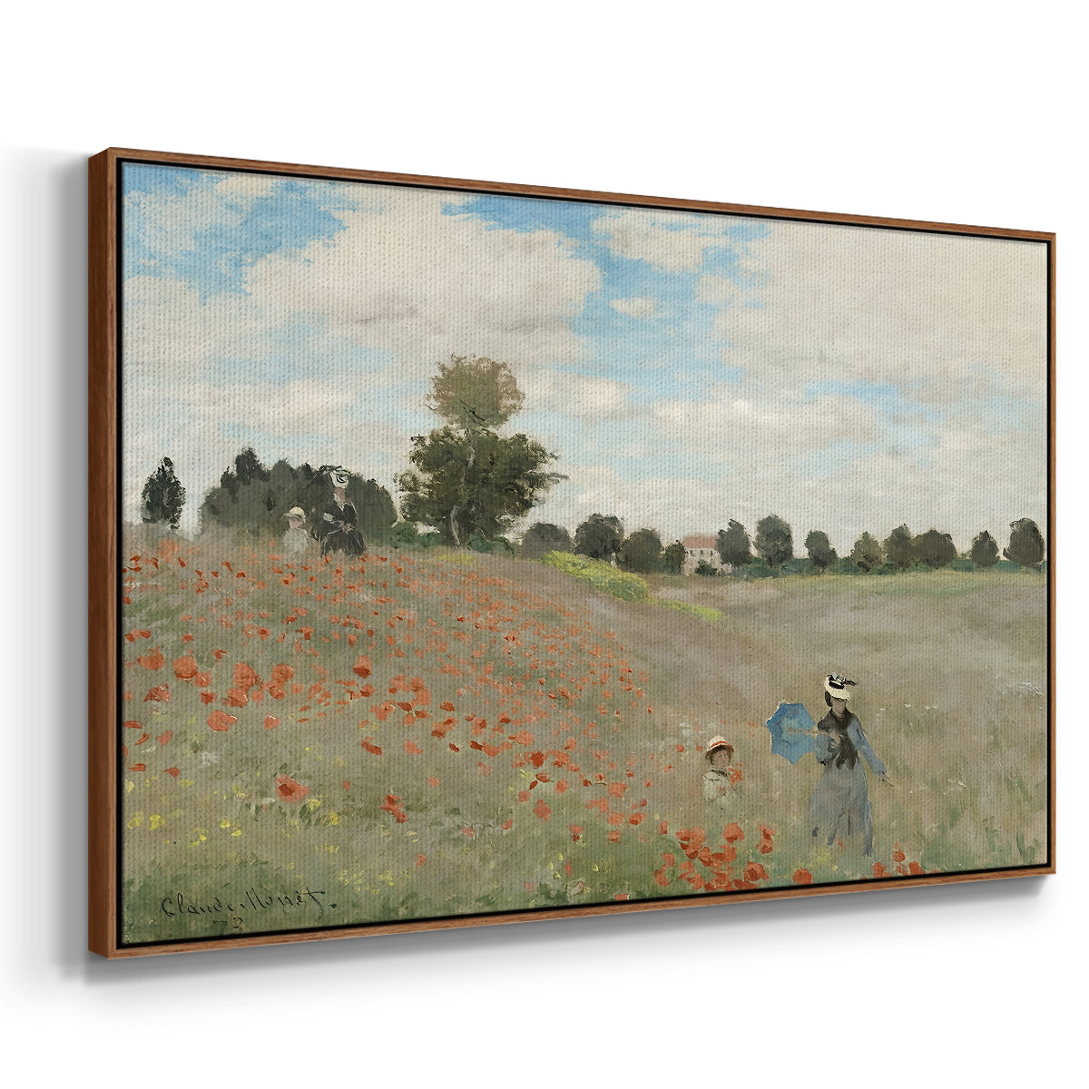 Angled view of The Poppy Field near Argenteuil, 1873 by Claude Monet in a walnut floater framed canvas.