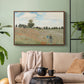 Walnut floater framed canvas featuring a rural landscape with scattered figures among blooming flowers, displayed above a sofa in a modern living room.