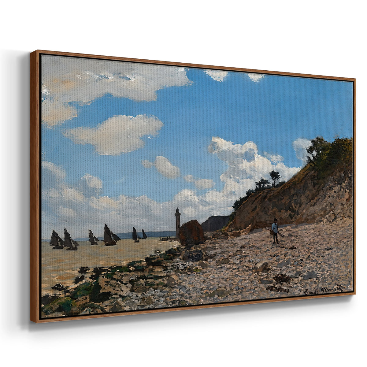 Angled view of The Beach at Honfleur, 1864 by Claude Monet in a walnut floater framed canvas.