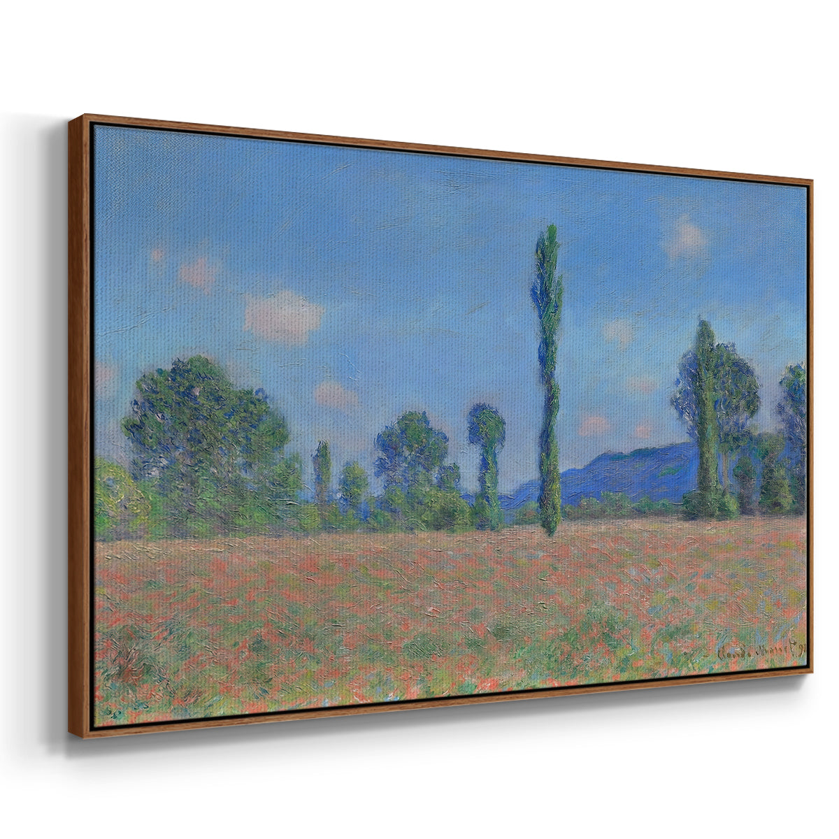 Angled view of Poppy Field (Giverny), 1890-1891 by Claude Monet in a walnut floater framed canvas.