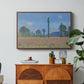 Poppy Field (Giverny), 1890-1891 by Claude Monet in a walnut floater framed canvas featuring an expansive field of red poppies with tall trees under blue sky, displayed above a wood console cabinet.