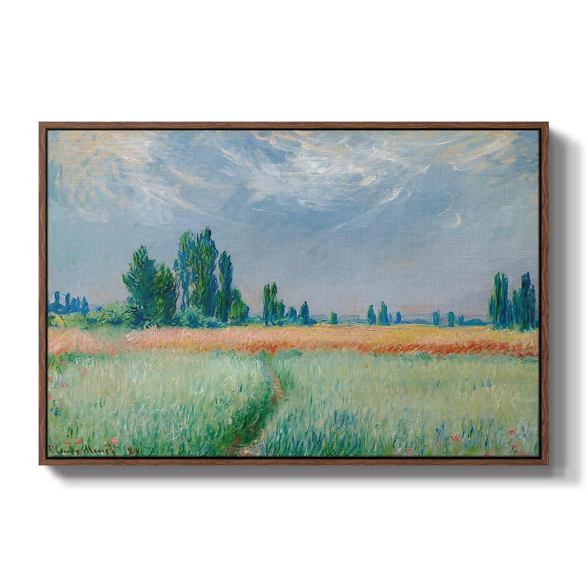 The Wheat Field (Champ de Blé), 1881 by Claude Monet in a walnut floater framed canvas wall art display.