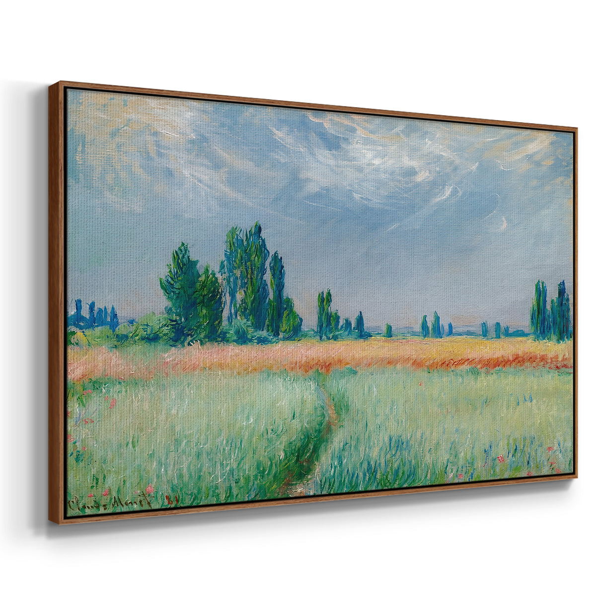 Angled view of The Wheat Field (Champ de Blé), 1881 by Claude Monet in a walnut floater framed canvas.