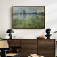Banks of the Seine, Vétheuil, 1880 by Claude Monet displayed in a walnut floater framed canvas above a dark wood credenza in an entryway.