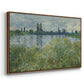 Angled view of Banks of the Seine, Vétheuil, 1880 by Claude Monet in a walnut floater framed canvas.