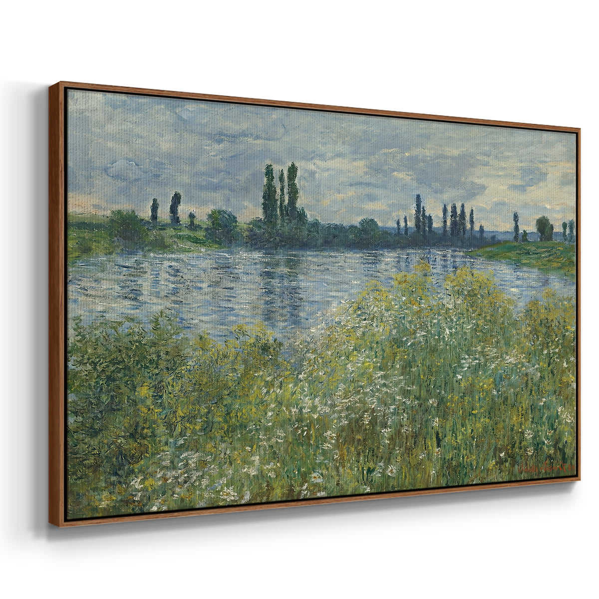 Angled view of Banks of the Seine, Vétheuil, 1880 by Claude Monet in a walnut floater framed canvas.